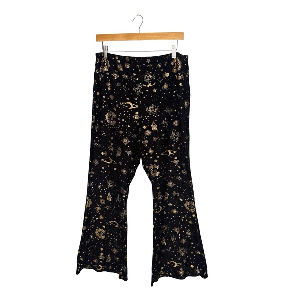 Celestial Print Flare Leg Pants Stretch Knit Whimsigoth 3X Black/Metallic Gold